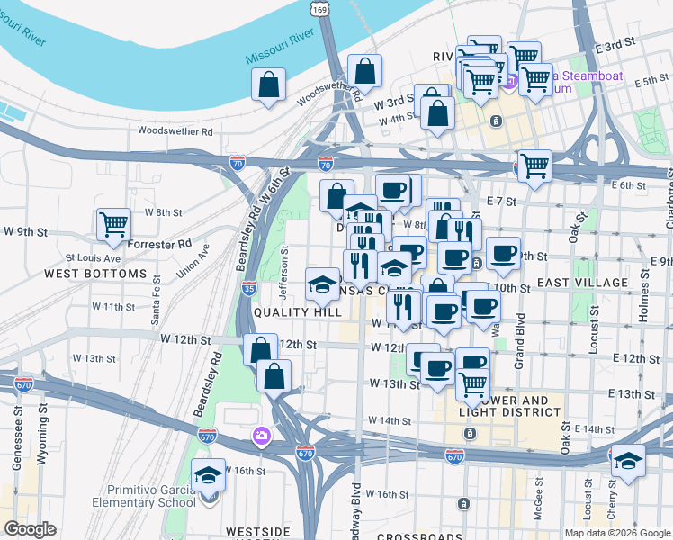 map of restaurants, bars, coffee shops, grocery stores, and more near 900 Washington Street in Kansas City