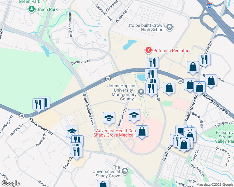 map of restaurants, bars, coffee shops, grocery stores, and more near 15000 Broschart Road in Rockville
