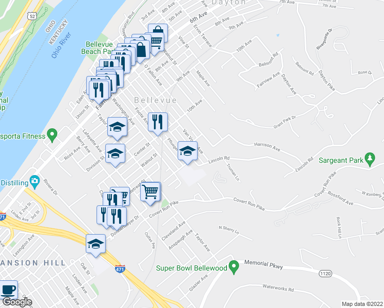 map of restaurants, bars, coffee shops, grocery stores, and more near 481 Ward Avenue in Bellevue
