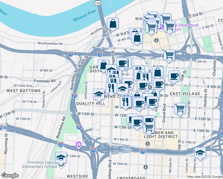map of restaurants, bars, coffee shops, grocery stores, and more near 920 Broadway Boulevard in Kansas City