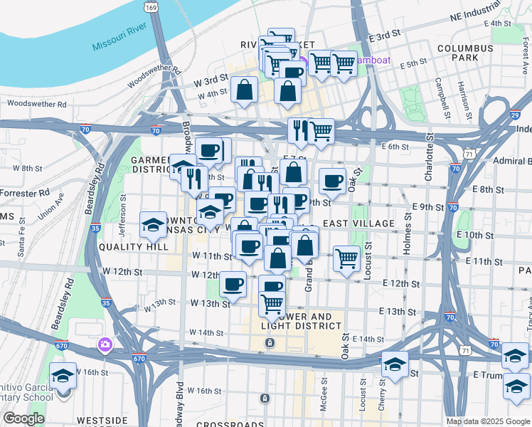 map of restaurants, bars, coffee shops, grocery stores, and more near 920 Main Street in Kansas City
