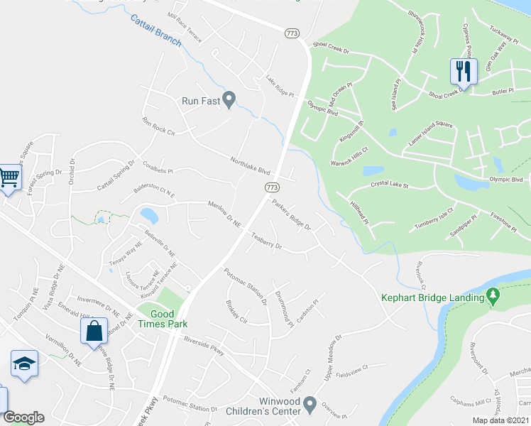 map of restaurants, bars, coffee shops, grocery stores, and more near 18555 Dettington Court in Leesburg