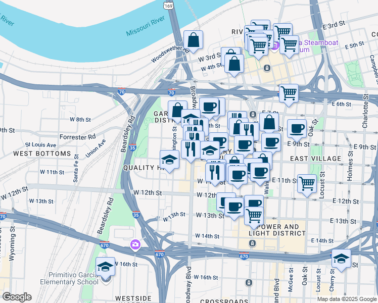 map of restaurants, bars, coffee shops, grocery stores, and more near 900 Broadway Boulevard in Kansas City