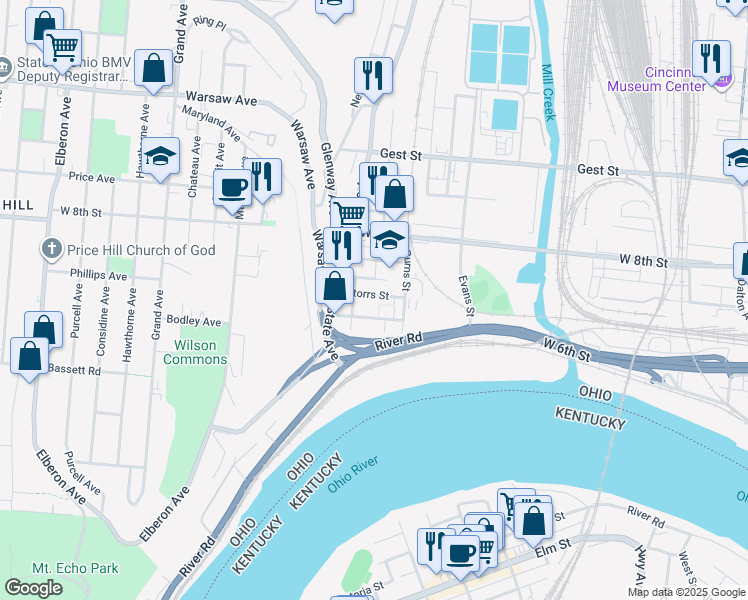 map of restaurants, bars, coffee shops, grocery stores, and more near 2131 Storrs Street in Cincinnati