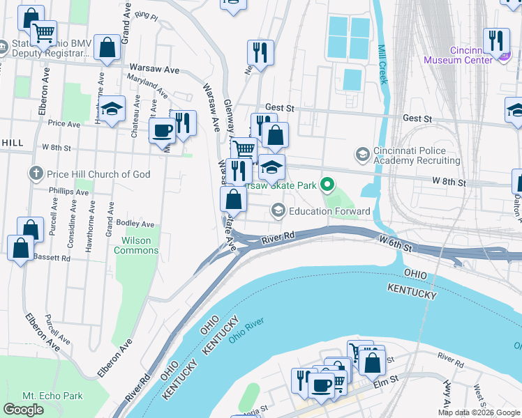 map of restaurants, bars, coffee shops, grocery stores, and more near 2131 Storrs Street in Cincinnati