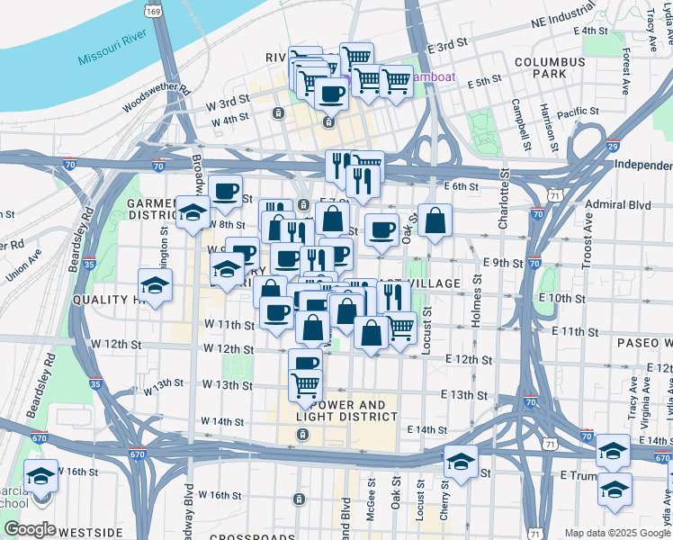 map of restaurants, bars, coffee shops, grocery stores, and more near 909 Walnut Street in Kansas City