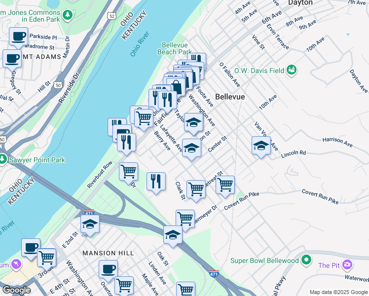 map of restaurants, bars, coffee shops, grocery stores, and more near 208 Poplar Street in Bellevue