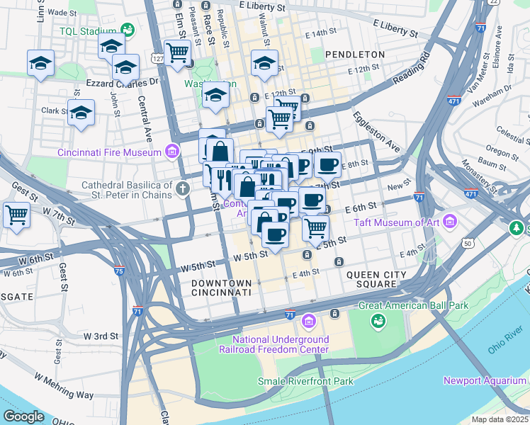 map of restaurants, bars, coffee shops, grocery stores, and more near 15 West 7th Street in Cincinnati