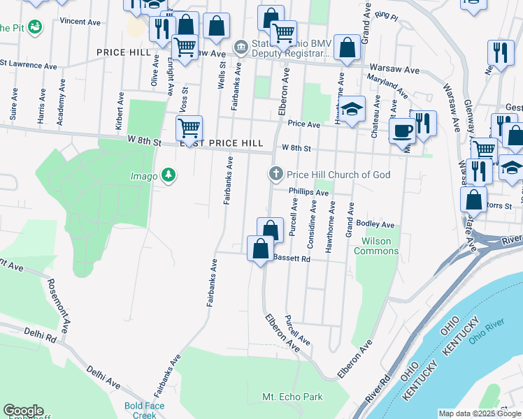 map of restaurants, bars, coffee shops, grocery stores, and more near 575 Elberon Avenue in Cincinnati