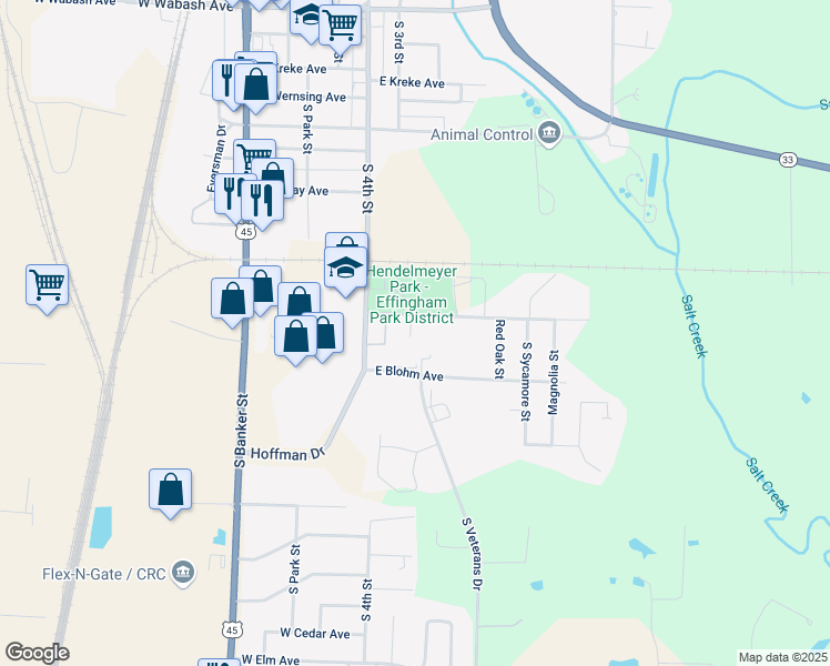 map of restaurants, bars, coffee shops, grocery stores, and more near East Hendelmeyer Avenue in Effingham