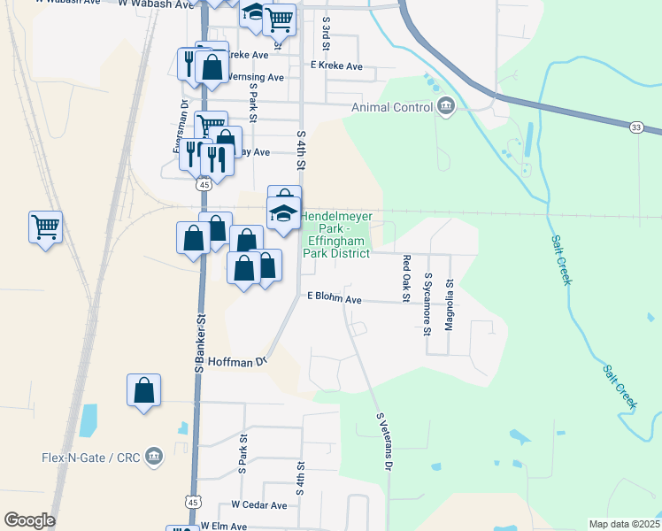 map of restaurants, bars, coffee shops, grocery stores, and more near East Hendelmeyer Avenue in Effingham