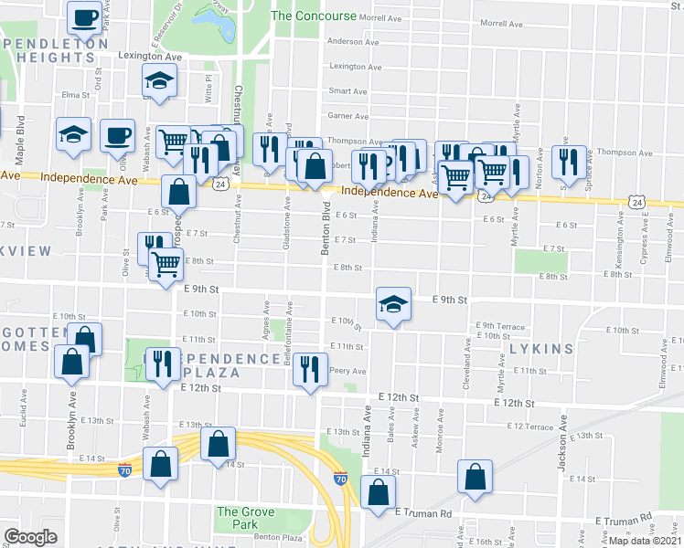 map of restaurants, bars, coffee shops, grocery stores, and more near 711 Benton Boulevard in Kansas City