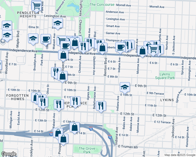 map of restaurants, bars, coffee shops, grocery stores, and more near 3018 East 8th Street in Kansas City