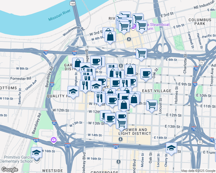 map of restaurants, bars, coffee shops, grocery stores, and more near 205W East 9th Street in Kansas City