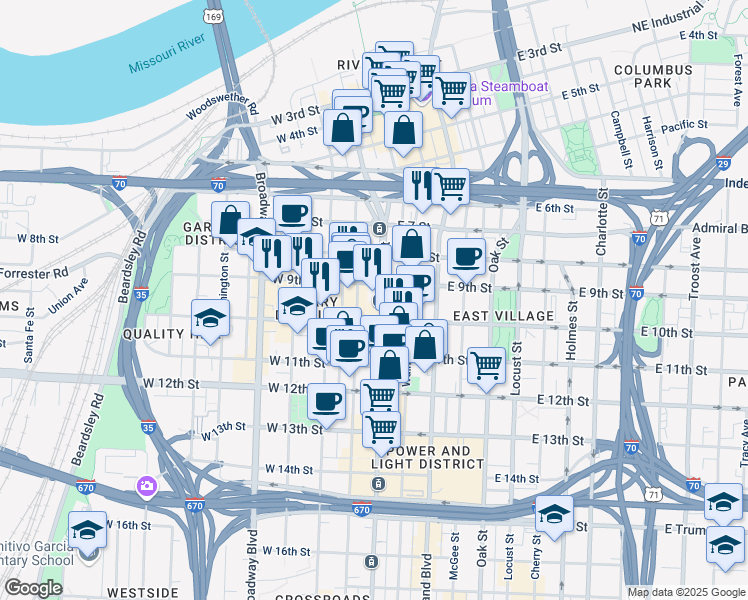 map of restaurants, bars, coffee shops, grocery stores, and more near 920 Main Street in Kansas City