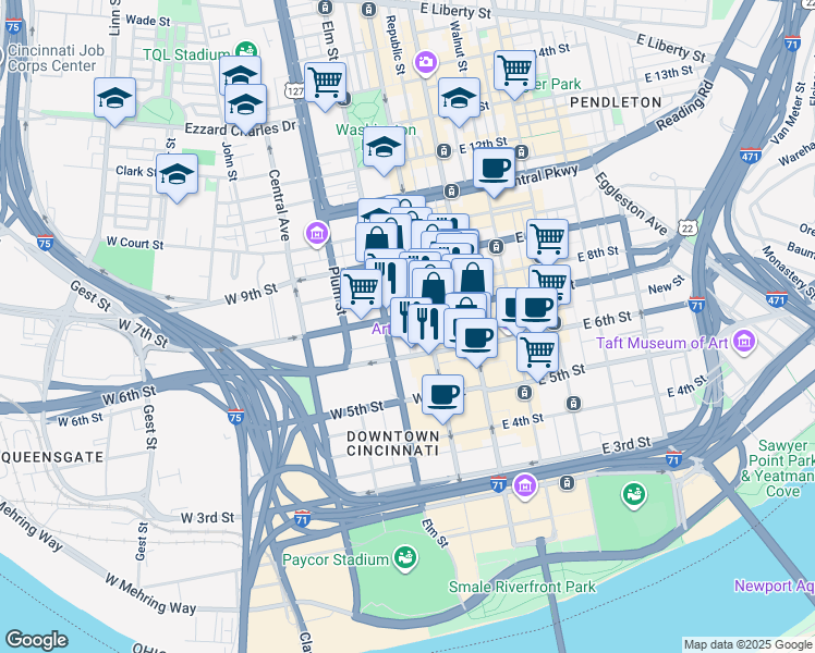 map of restaurants, bars, coffee shops, grocery stores, and more near 155 West 7th Street in Cincinnati