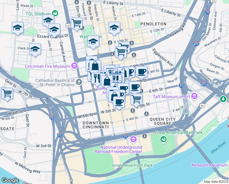 map of restaurants, bars, coffee shops, grocery stores, and more near 617 Vine Street in Cincinnati