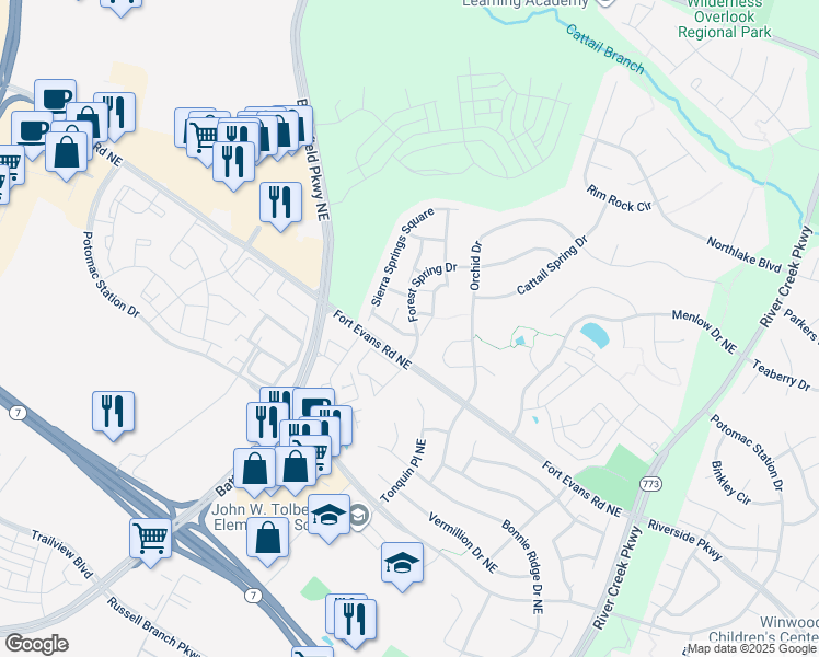 map of restaurants, bars, coffee shops, grocery stores, and more near 18564 Sierra Springs Square in Leesburg