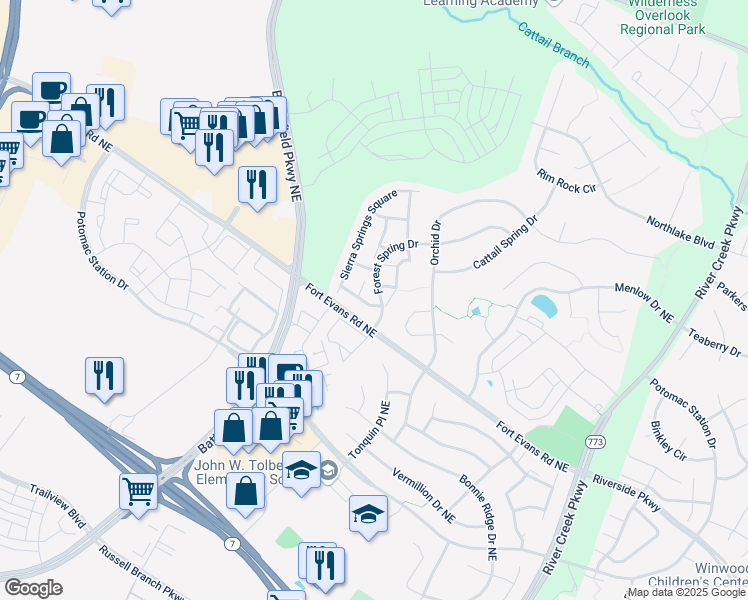 map of restaurants, bars, coffee shops, grocery stores, and more near 18564 Sierra Springs Square in Leesburg