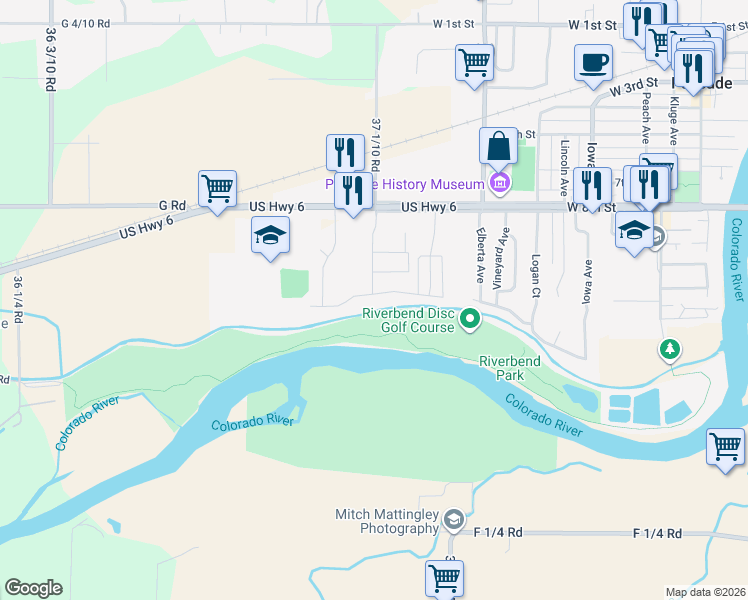map of restaurants, bars, coffee shops, grocery stores, and more near 3707 G Road in Palisade