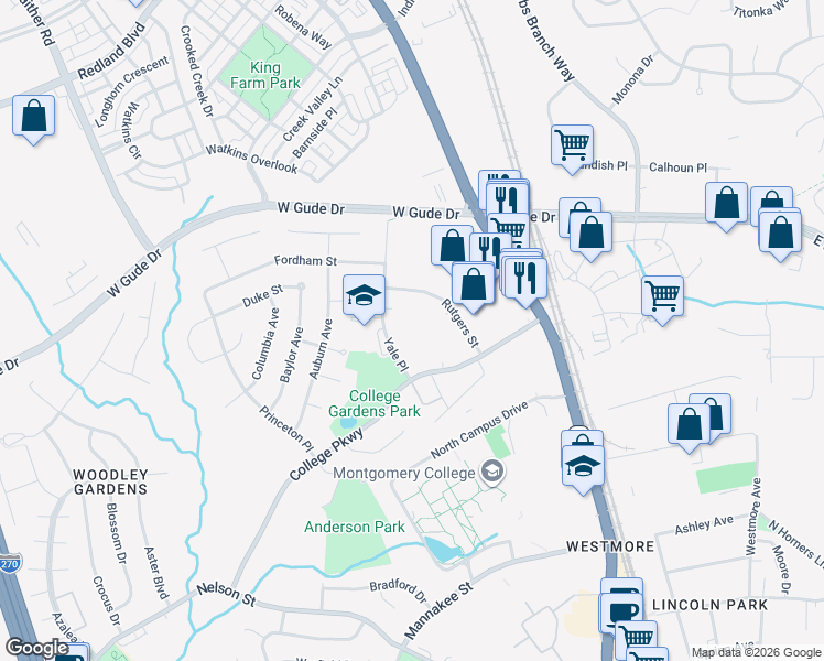 map of restaurants, bars, coffee shops, grocery stores, and more near 1699 Yale Place in Rockville