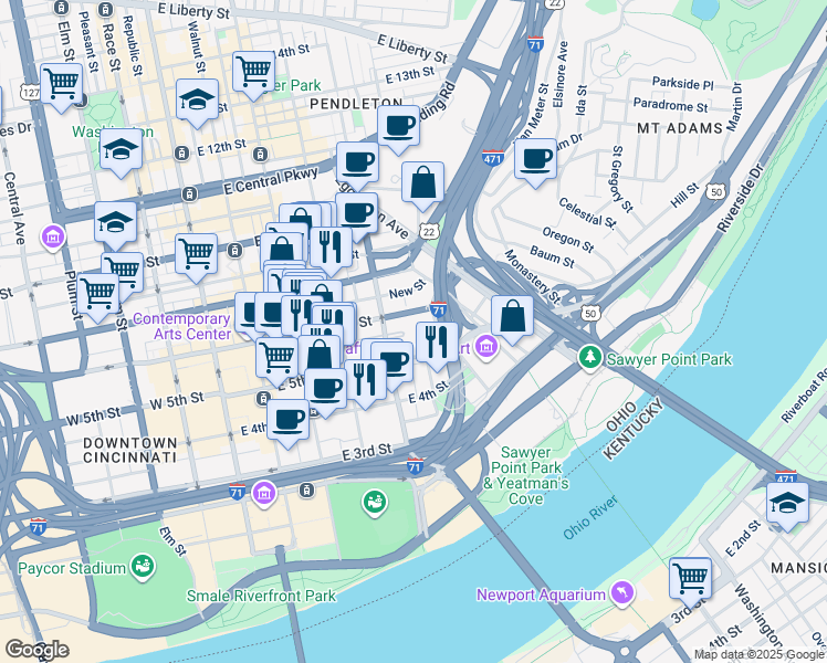 map of restaurants, bars, coffee shops, grocery stores, and more near 2 Procter & Gamble Plaza in Cincinnati