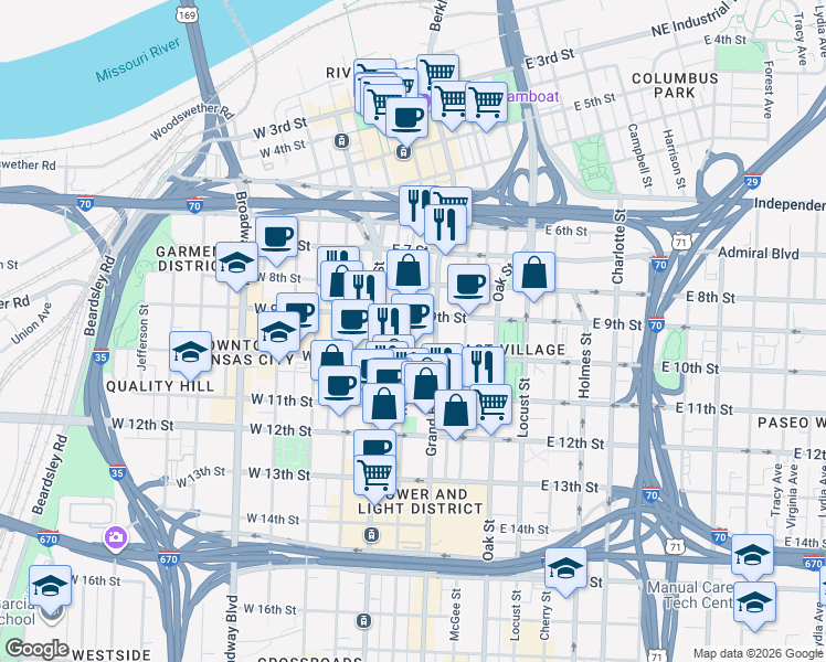 map of restaurants, bars, coffee shops, grocery stores, and more near 909 Walnut Street in Kansas City