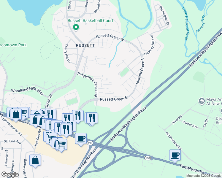map of restaurants, bars, coffee shops, grocery stores, and more near 3519 Sharonwood Road in Laurel
