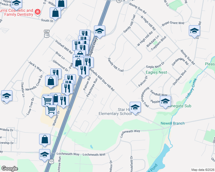 map of restaurants, bars, coffee shops, grocery stores, and more near 251 Voshells Mill Star Hill Road in Dover