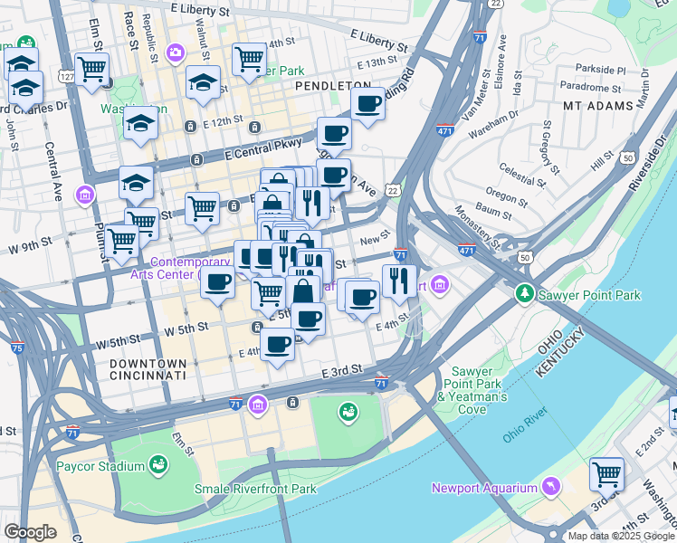 map of restaurants, bars, coffee shops, grocery stores, and more near 1 Procter and Gamble Plaza in Cincinnati