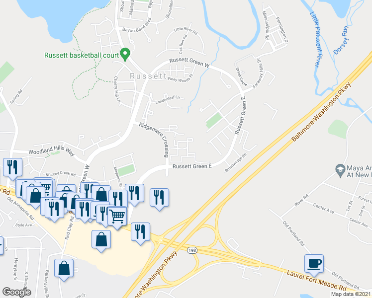 map of restaurants, bars, coffee shops, grocery stores, and more near 8500 Summit View Road in Laurel
