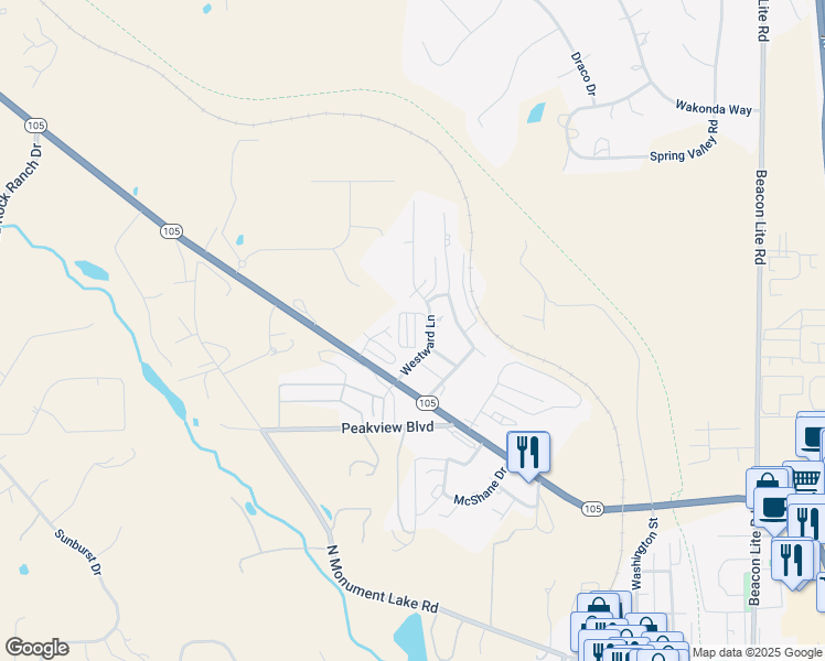 map of restaurants, bars, coffee shops, grocery stores, and more near 724 Westward Lane in Palmer Lake