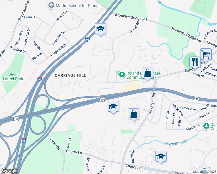 map of restaurants, bars, coffee shops, grocery stores, and more near 7412 Berryleaf Drive in Laurel