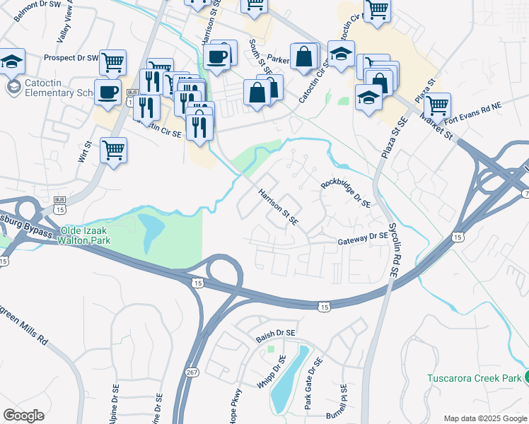 map of restaurants, bars, coffee shops, grocery stores, and more near 317 Nansemond Street Southeast in Leesburg