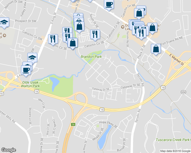 map of restaurants, bars, coffee shops, grocery stores, and more near 317 Nansemond Street Southeast in Leesburg