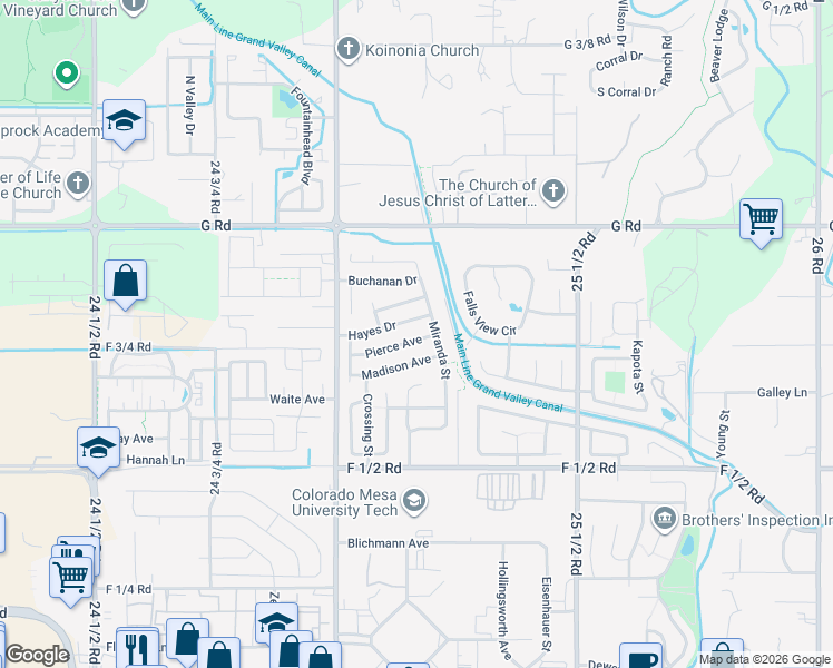 map of restaurants, bars, coffee shops, grocery stores, and more near 2519-2521 Hayes Drive in Grand Junction