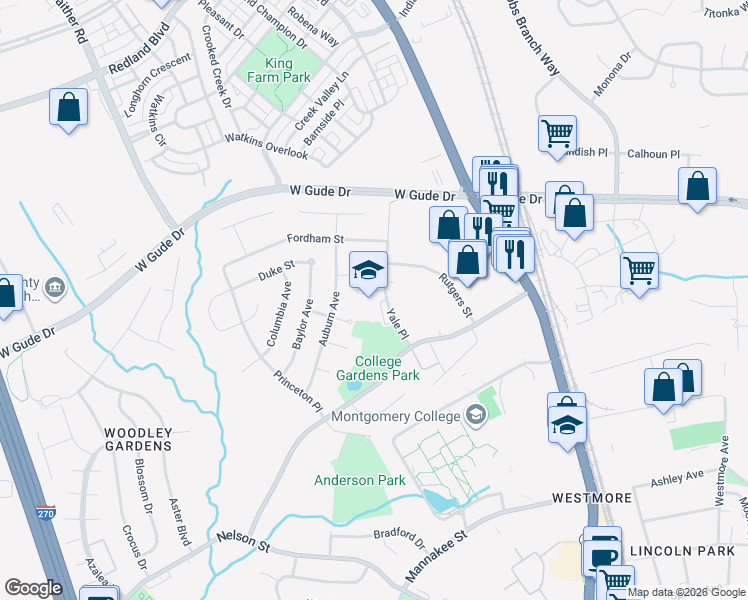 map of restaurants, bars, coffee shops, grocery stores, and more near 1700 Yale Place in Rockville