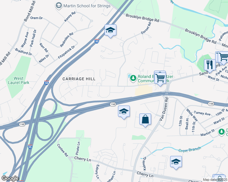 map of restaurants, bars, coffee shops, grocery stores, and more near 7404 Berryleaf Drive in Laurel