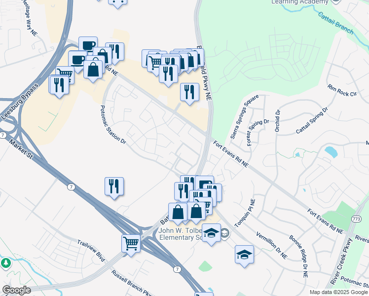 map of restaurants, bars, coffee shops, grocery stores, and more near 519 Legrace Terrace Northeast in Leesburg