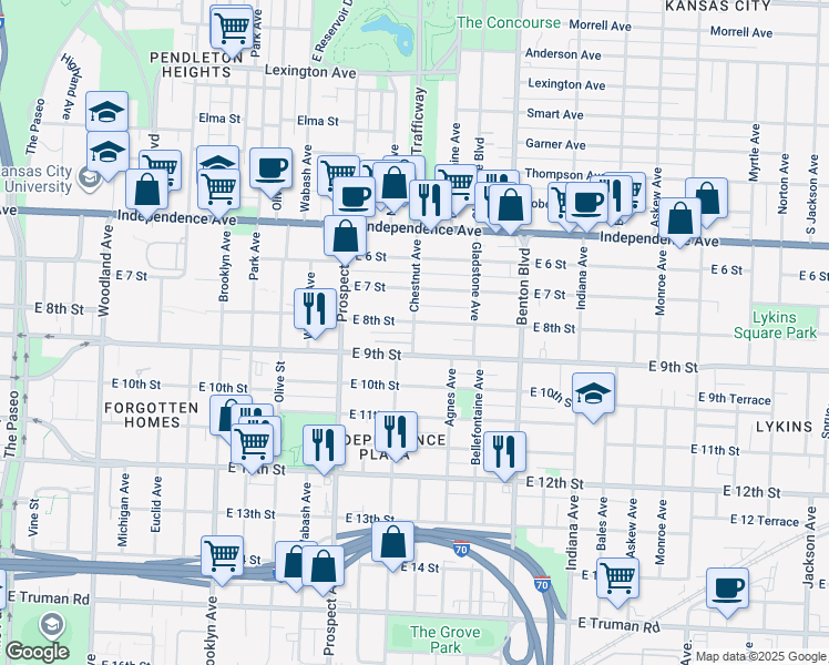 map of restaurants, bars, coffee shops, grocery stores, and more near 2806 East 8th Street in Kansas City