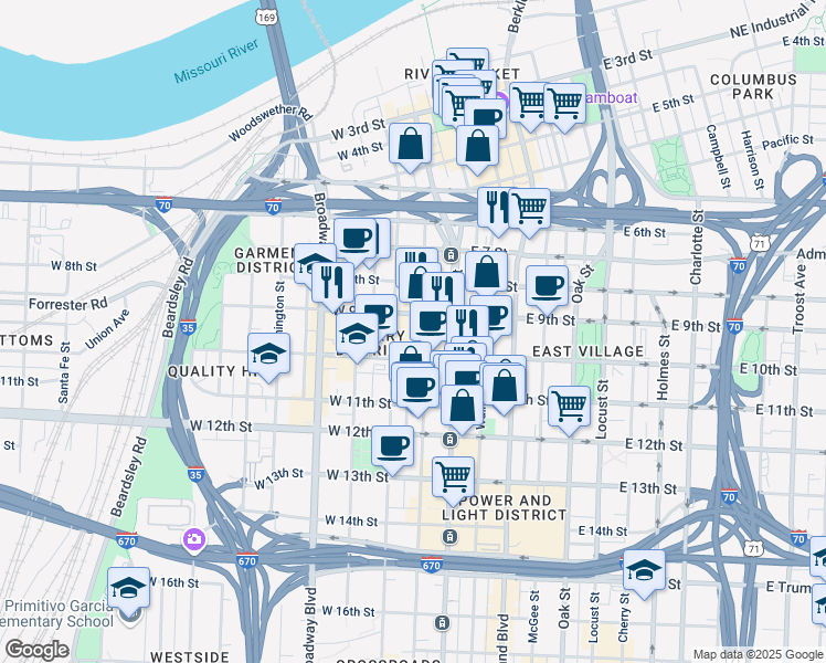 map of restaurants, bars, coffee shops, grocery stores, and more near 920 Main Street in Kansas City