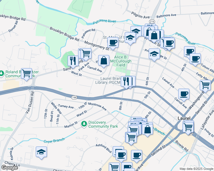 map of restaurants, bars, coffee shops, grocery stores, and more near 612 9th Street in Laurel