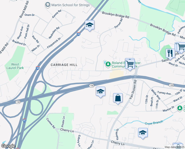 map of restaurants, bars, coffee shops, grocery stores, and more near 7404 Berryleaf Drive in Laurel
