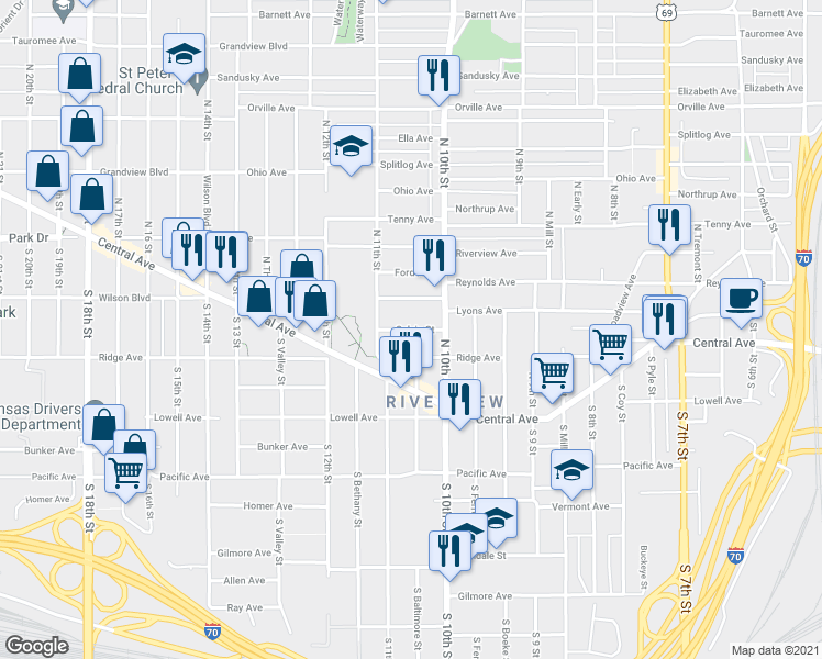 map of restaurants, bars, coffee shops, grocery stores, and more near Calvin Street in Kansas City