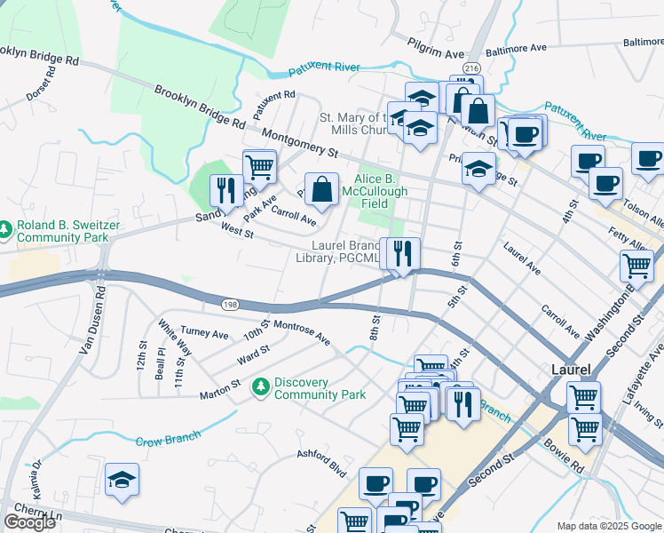 map of restaurants, bars, coffee shops, grocery stores, and more near 612 9th Street in Laurel