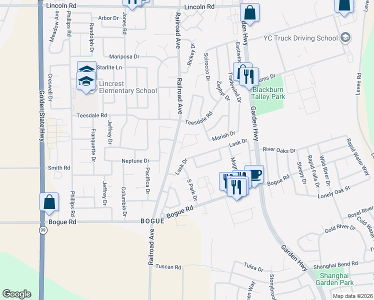 map of restaurants, bars, coffee shops, grocery stores, and more near 722 Mariner Loop in Yuba City
