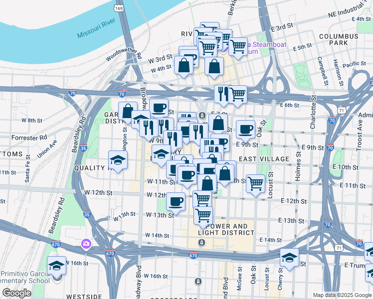 map of restaurants, bars, coffee shops, grocery stores, and more near 912 Baltimore Avenue in Kansas City