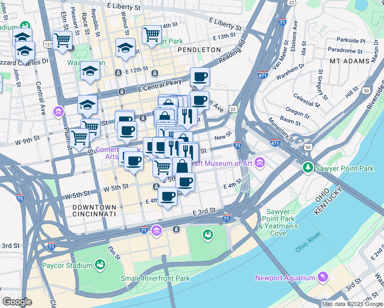 map of restaurants, bars, coffee shops, grocery stores, and more near in Cincinnati