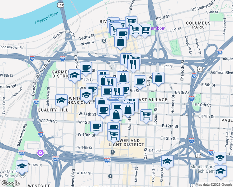 map of restaurants, bars, coffee shops, grocery stores, and more near 911 Main Street in Kansas City