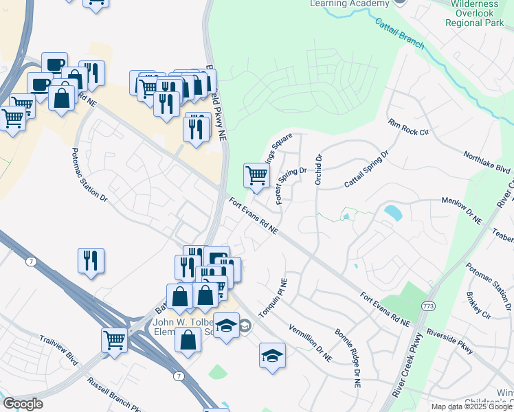 map of restaurants, bars, coffee shops, grocery stores, and more near 18539 Sierra Springs Square in Leesburg